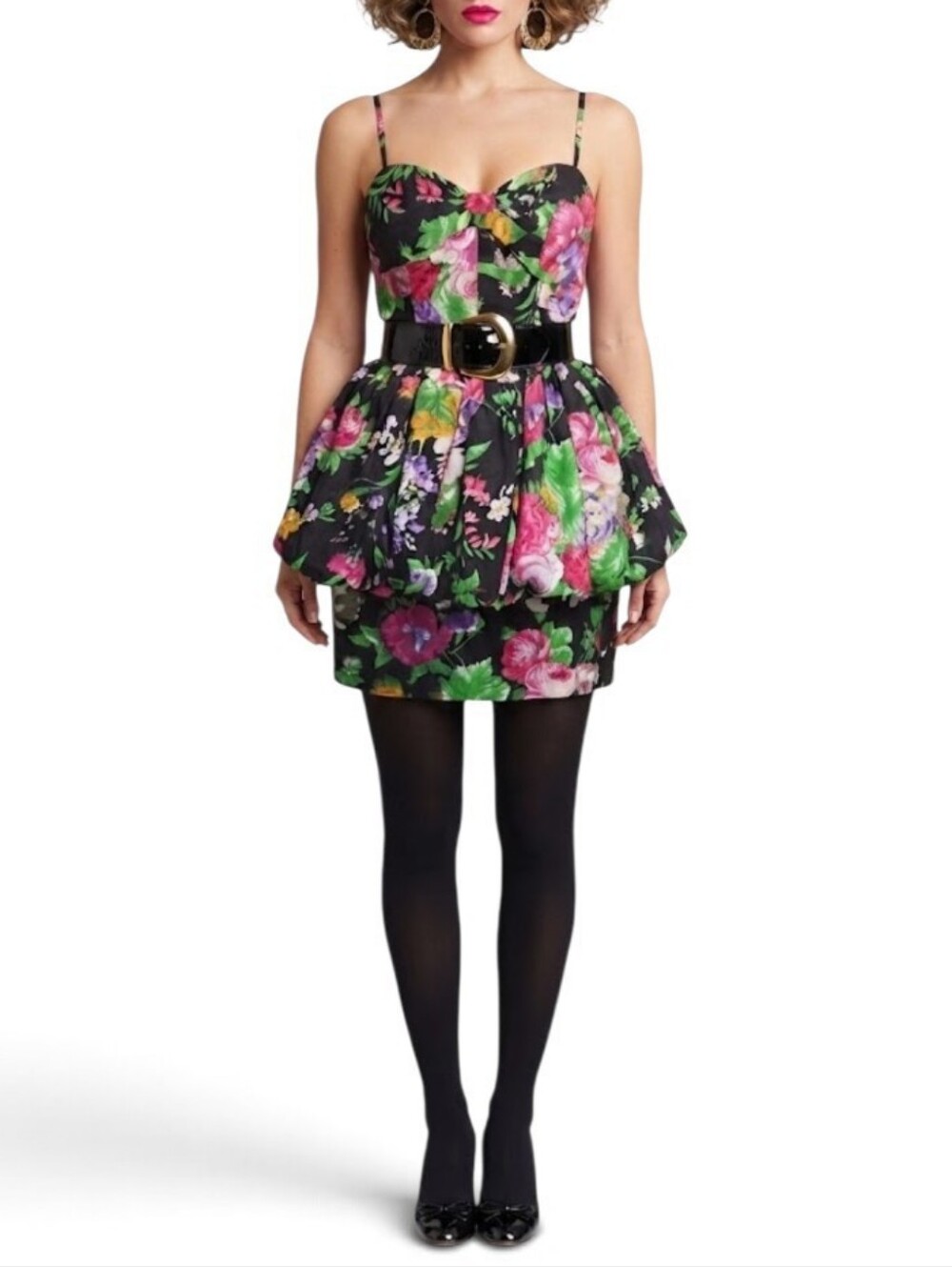 Vtg All That Jazz Black Floral Peplum Mini Dress 80s 90s S 5/6 Whimsigoth
